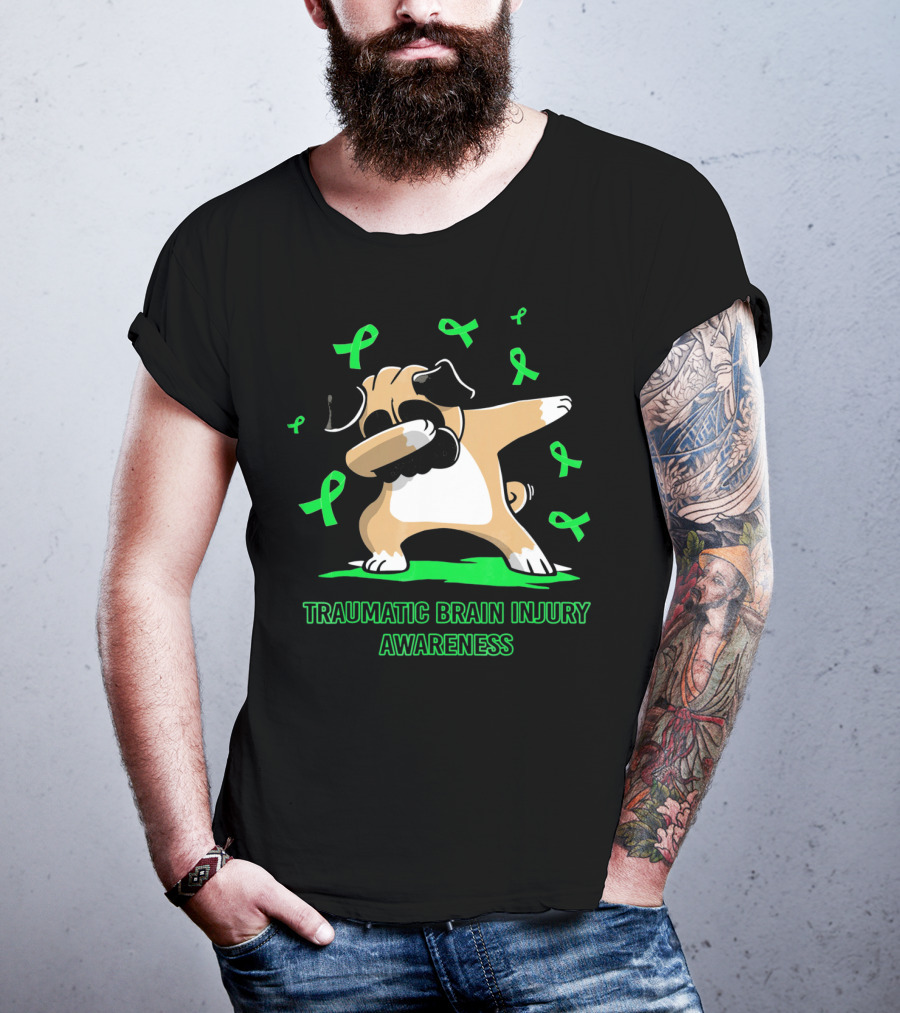 Traumatic Brain Injury Awareness Dabbing Pug Dog With Green Ribbons T-Shirt