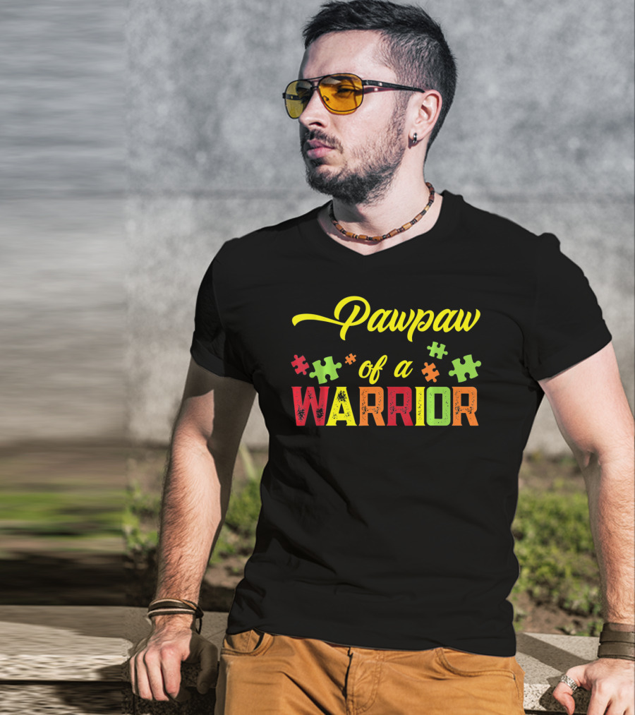 Pawpaw Of A Warrior Autism Awareness Puzzle Pieces T-Shirt