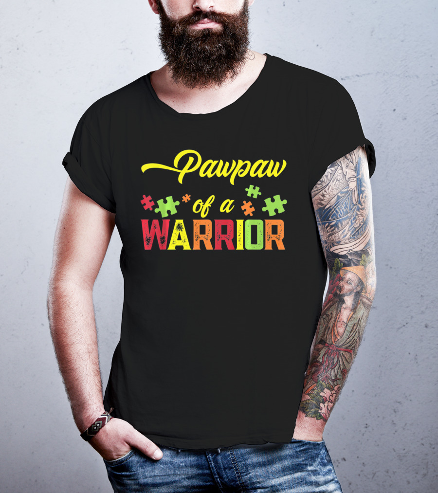 Pawpaw Of A Warrior Autism Awareness Puzzle Pieces T-Shirt