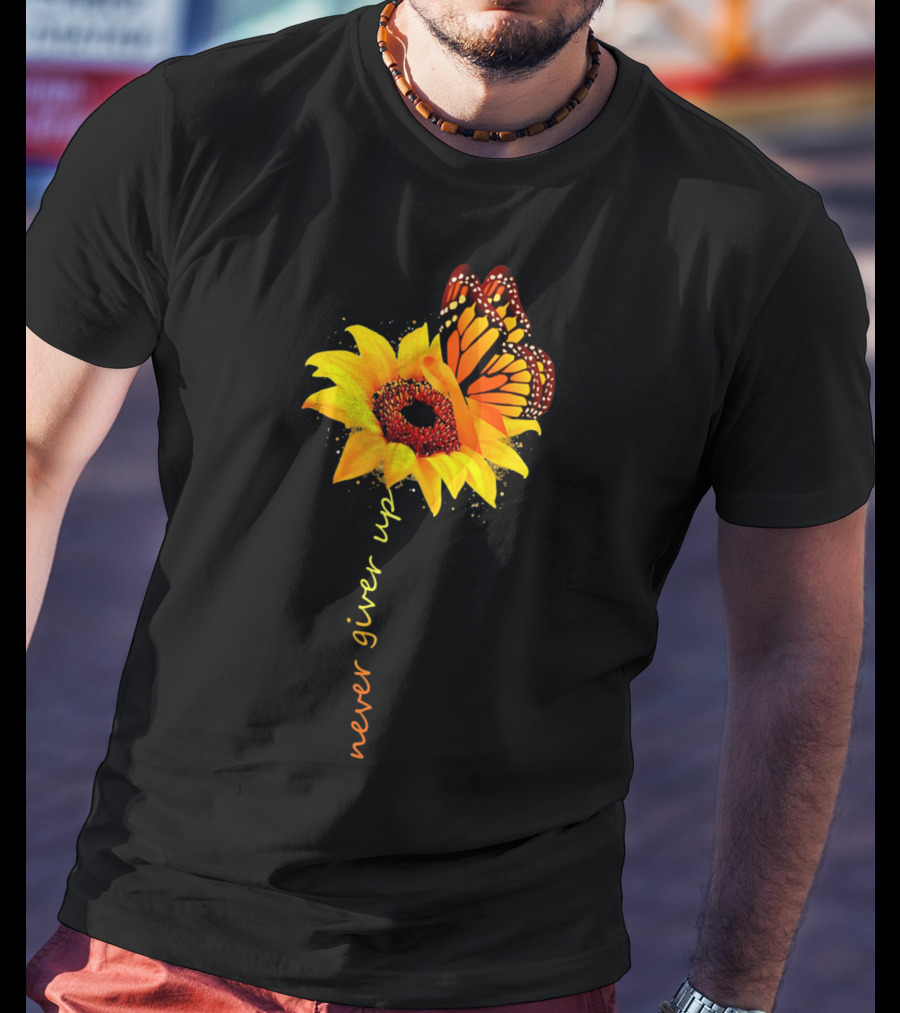 Never Give Up Multiple Sclerosis Awareness Butterfly Sunflower T-Shirt