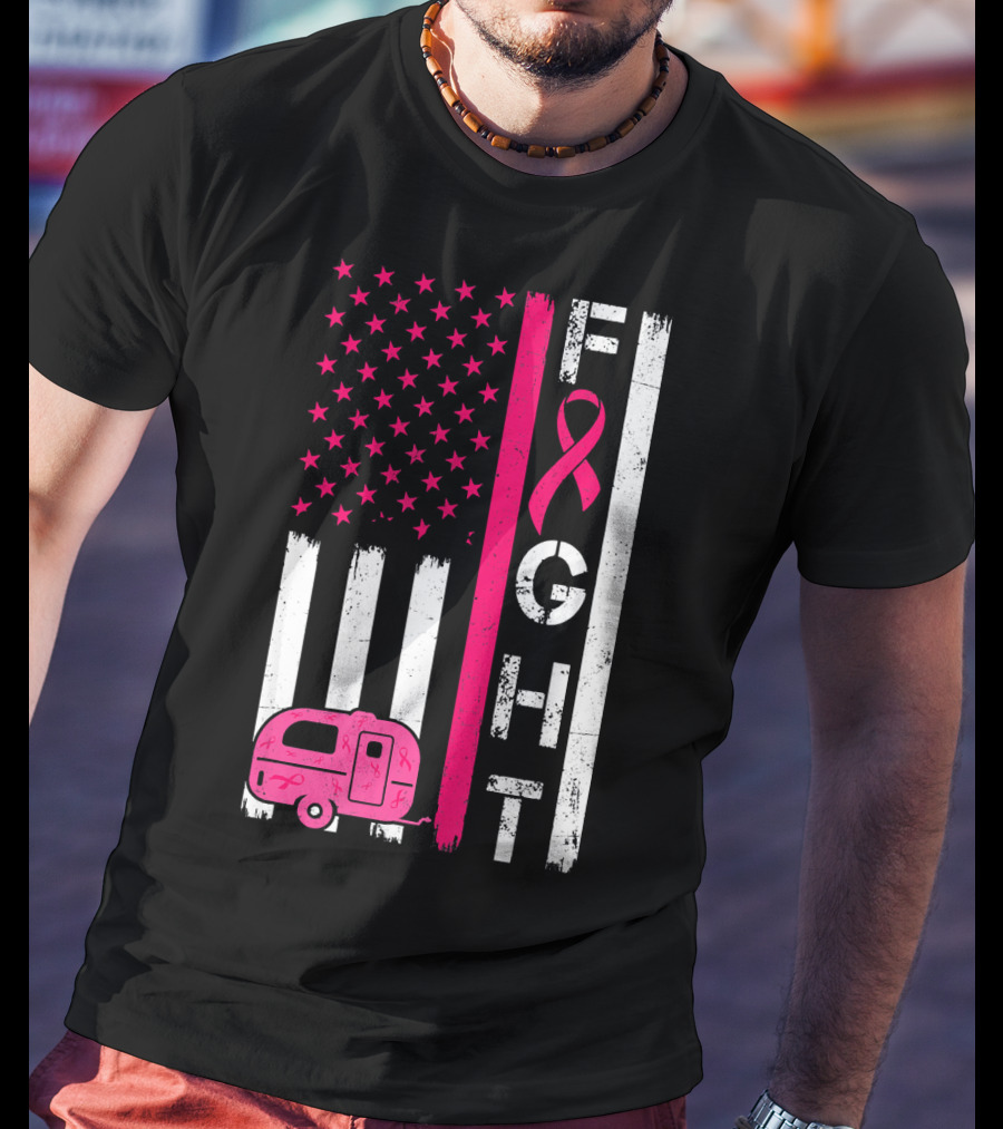Fight Cancer Ribbon Camping Van American Flag T-Shirt