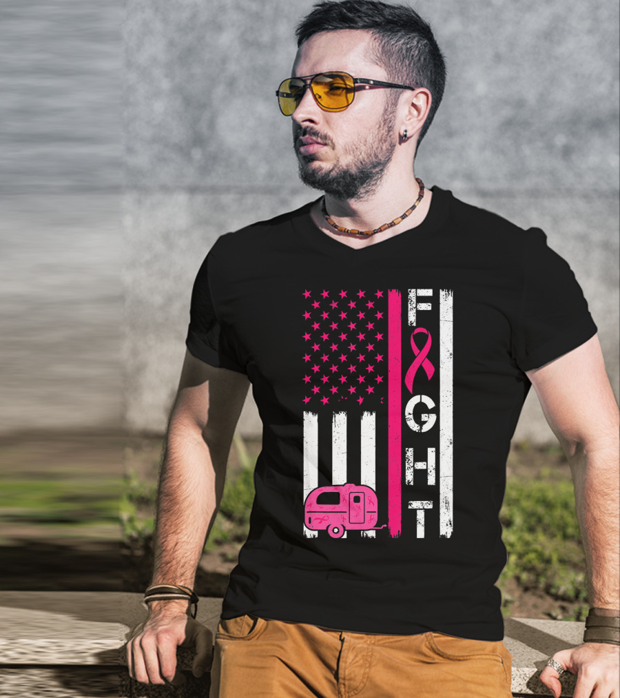 Fight Cancer Ribbon Camping Van American Flag T-Shirt