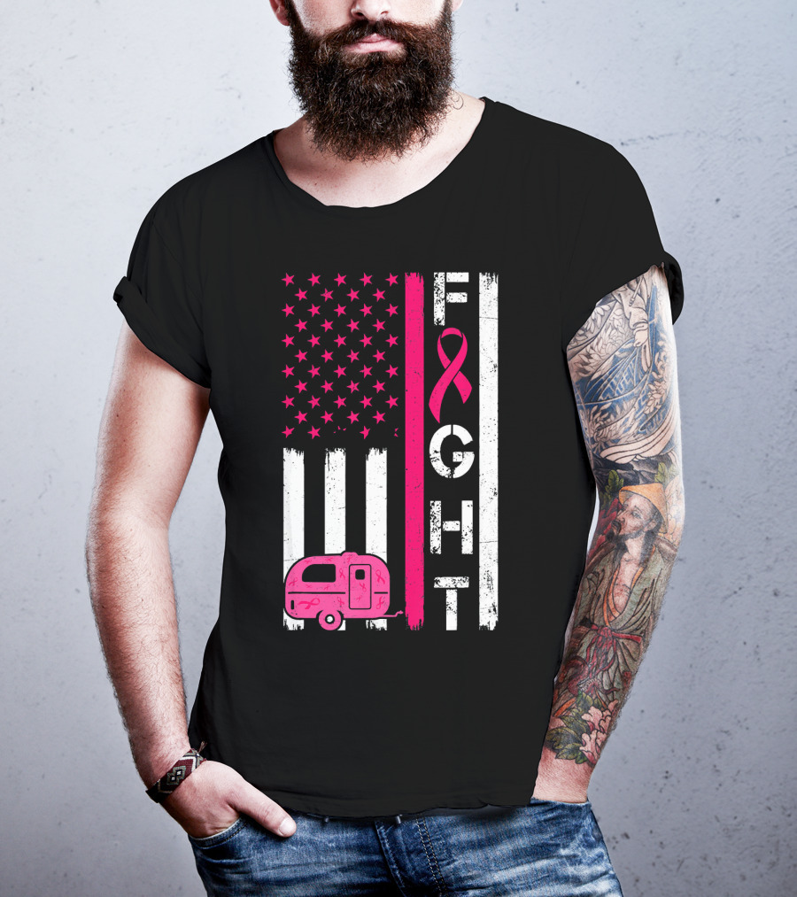 Fight Cancer Ribbon Camping Van American Flag T-Shirt