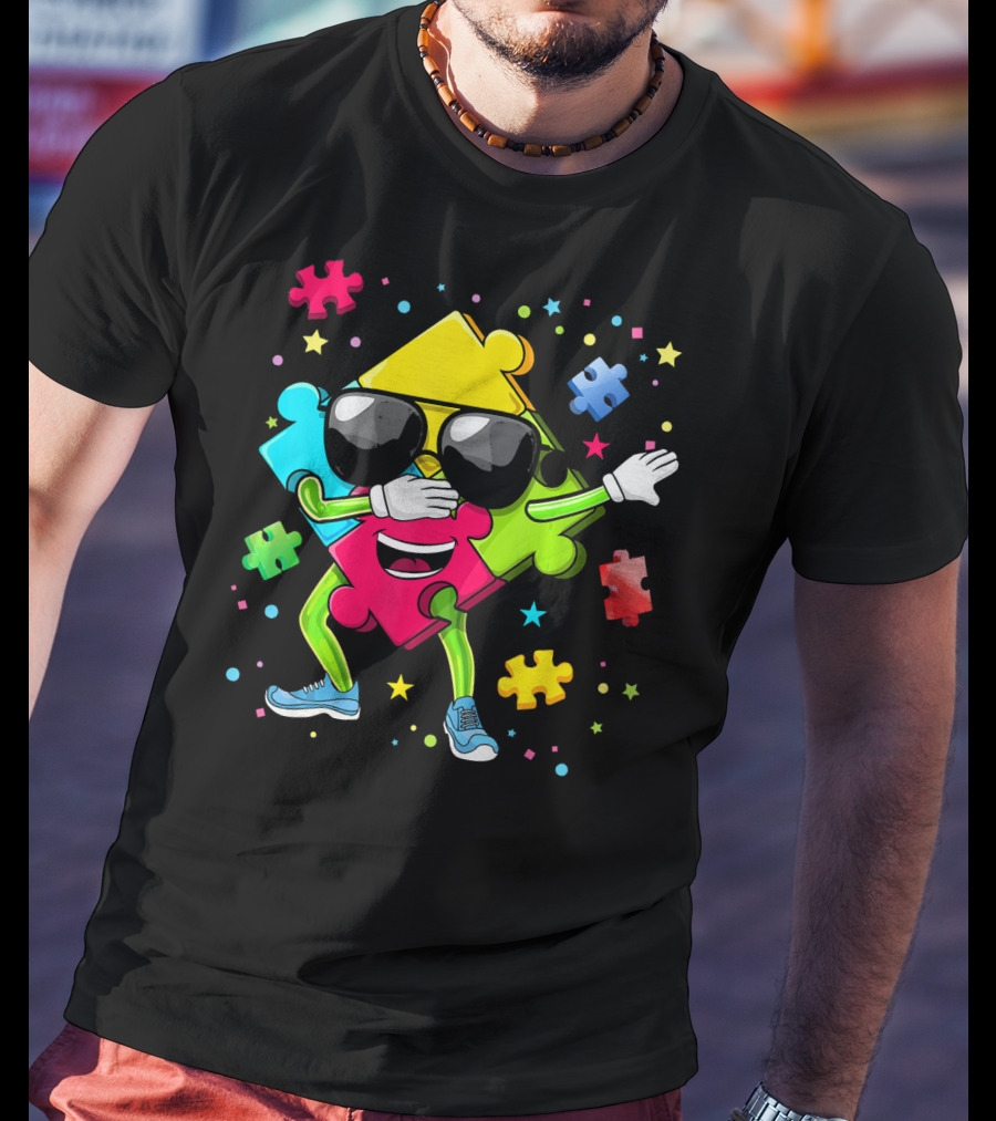 Dabbing Puzzle Piece Funny Autism Awareness Colorful T-Shirt
