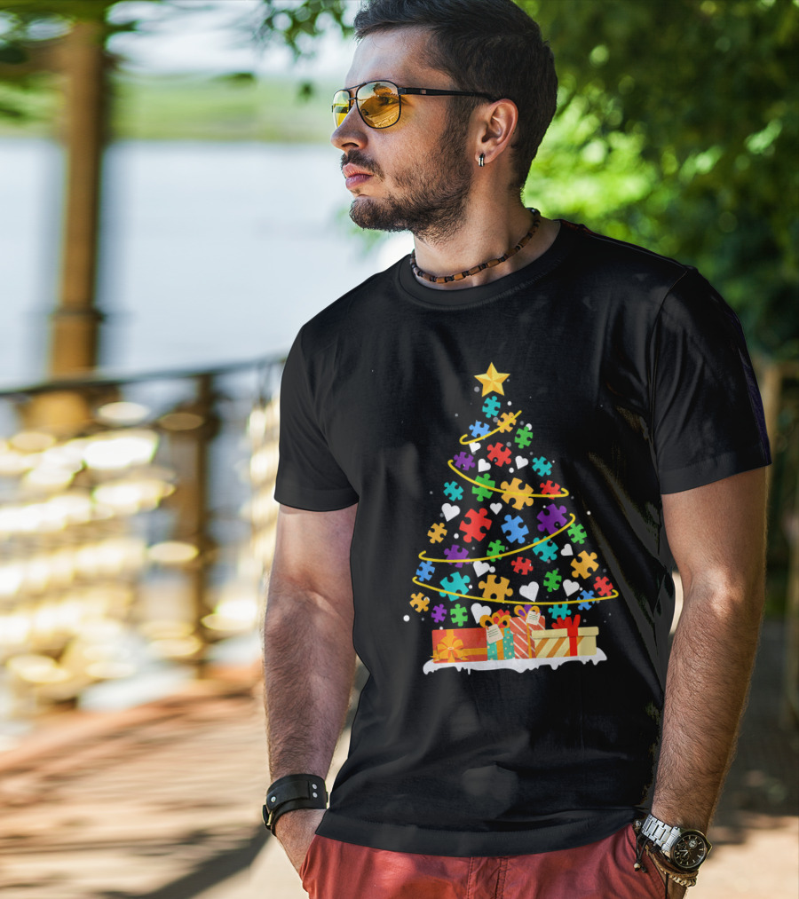Autism Awareness Puzzle Piece Christmas Tree With Gifts And Hearts T-Shirt