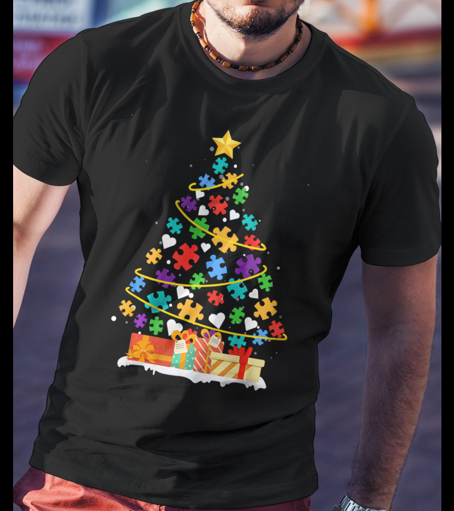 Autism Awareness Puzzle Piece Christmas Tree With Gifts And Hearts T-Shirt