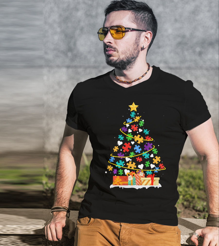 Autism Awareness Puzzle Piece Christmas Tree With Gifts And Hearts T-Shirt
