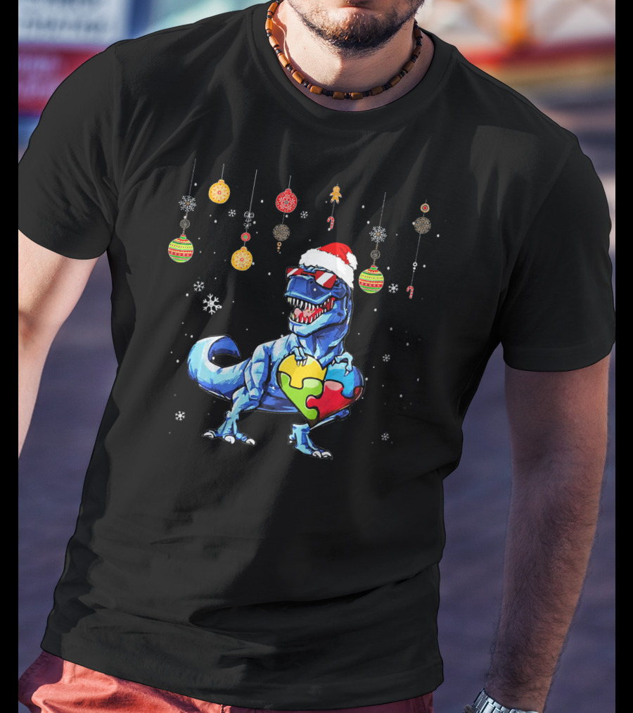 Christmas Dinosaur With Puzzle Heart And Santa Hat T-Shirt