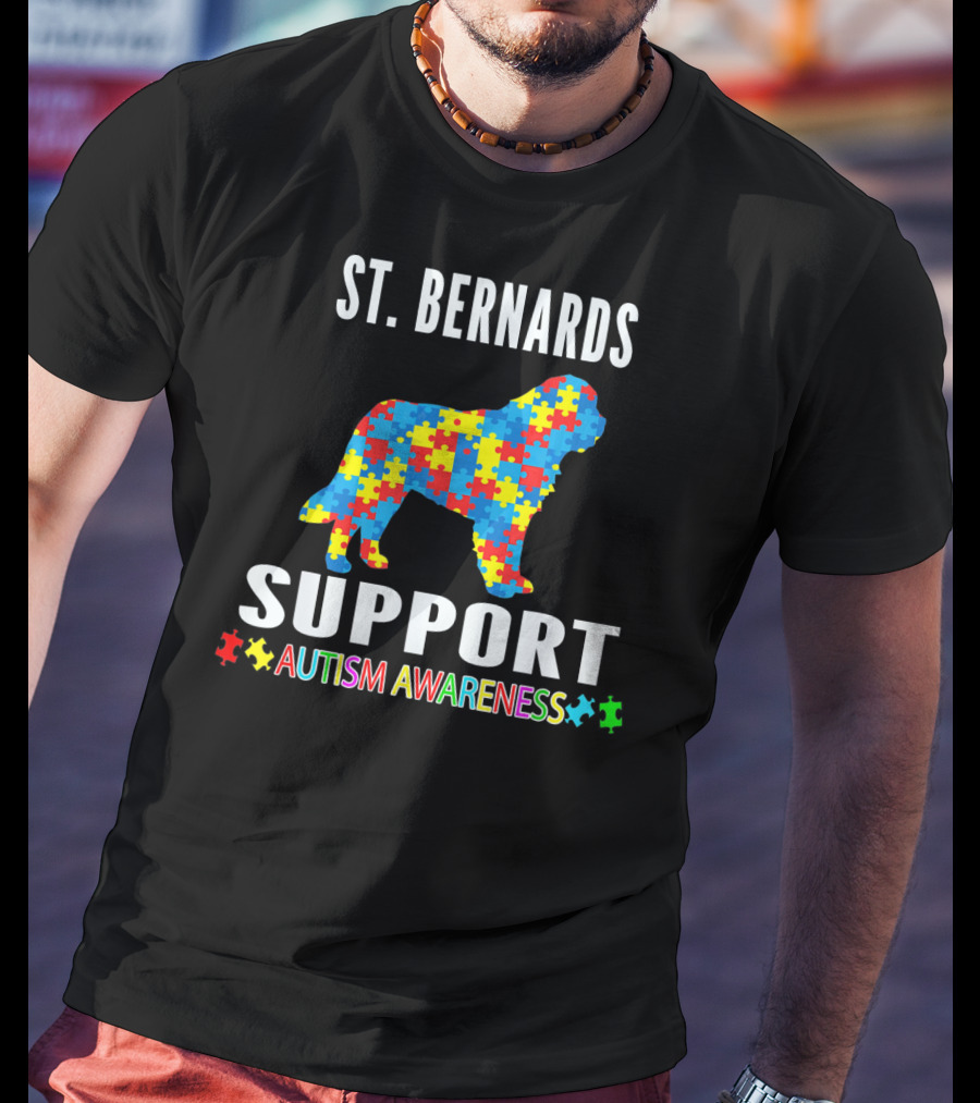 St. Bernards Support Autism Awareness Puzzle Piece Dog T-Shirt