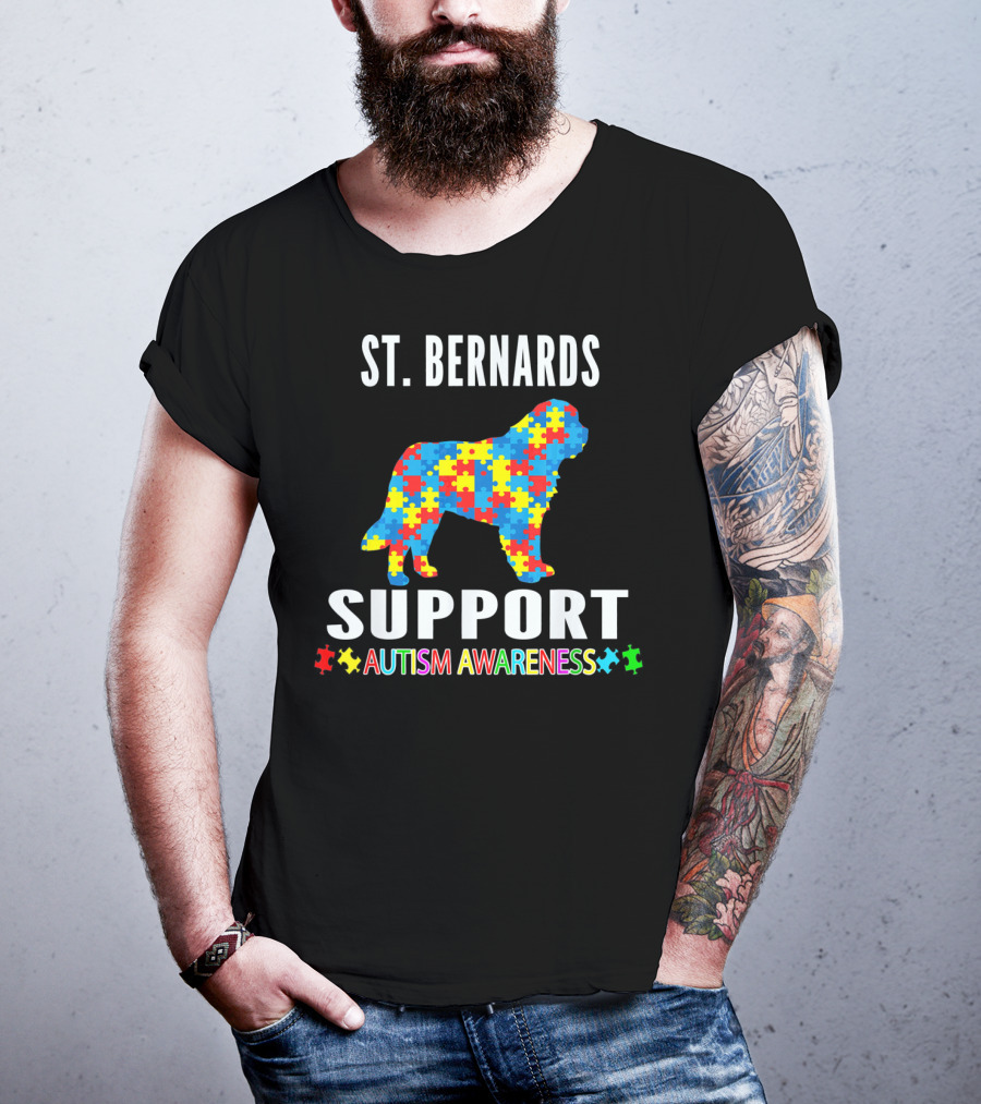 St. Bernards Support Autism Awareness Puzzle Piece Dog T-Shirt