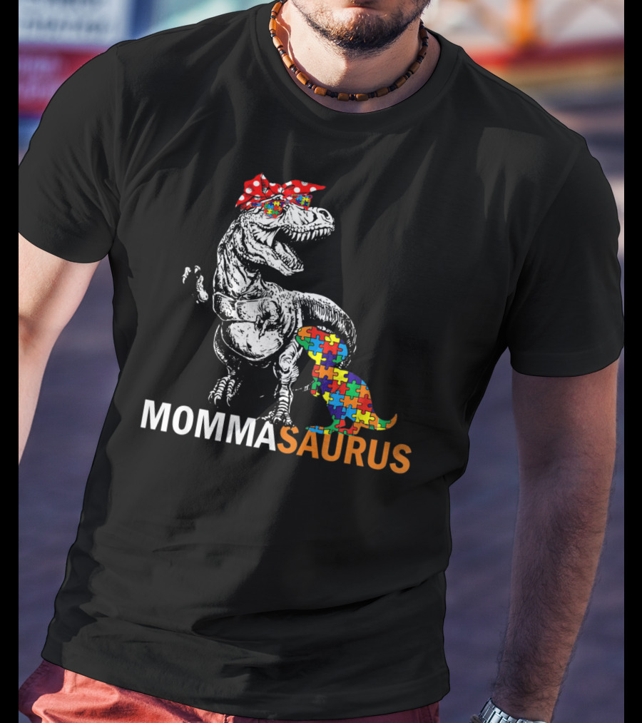 Momma Saurus Dinosaur With Autism Puzzle T-Shirt