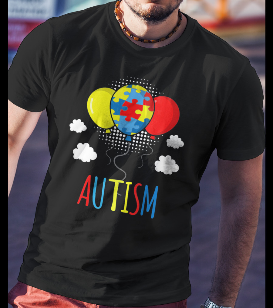 Autism Awareness Puzzle Piece Balloons With Colorful Clouds T-Shirt