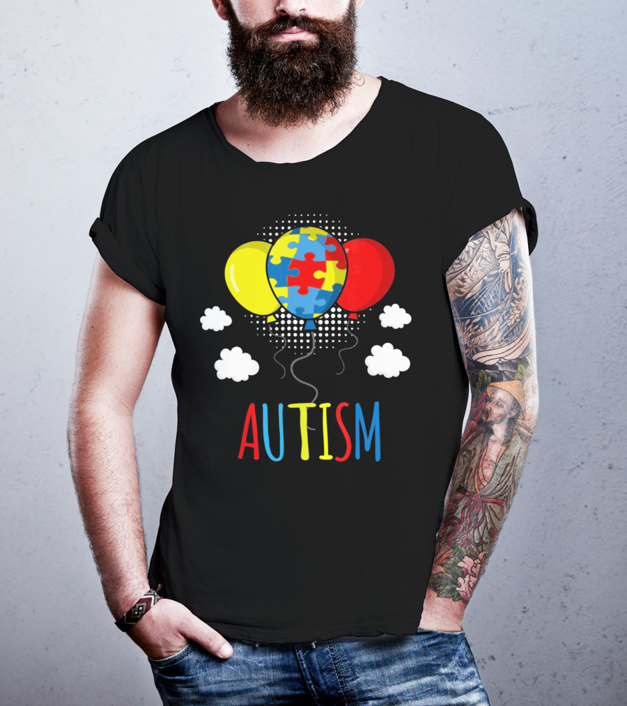 Autism Awareness Puzzle Piece Balloons With Colorful Clouds T-Shirt