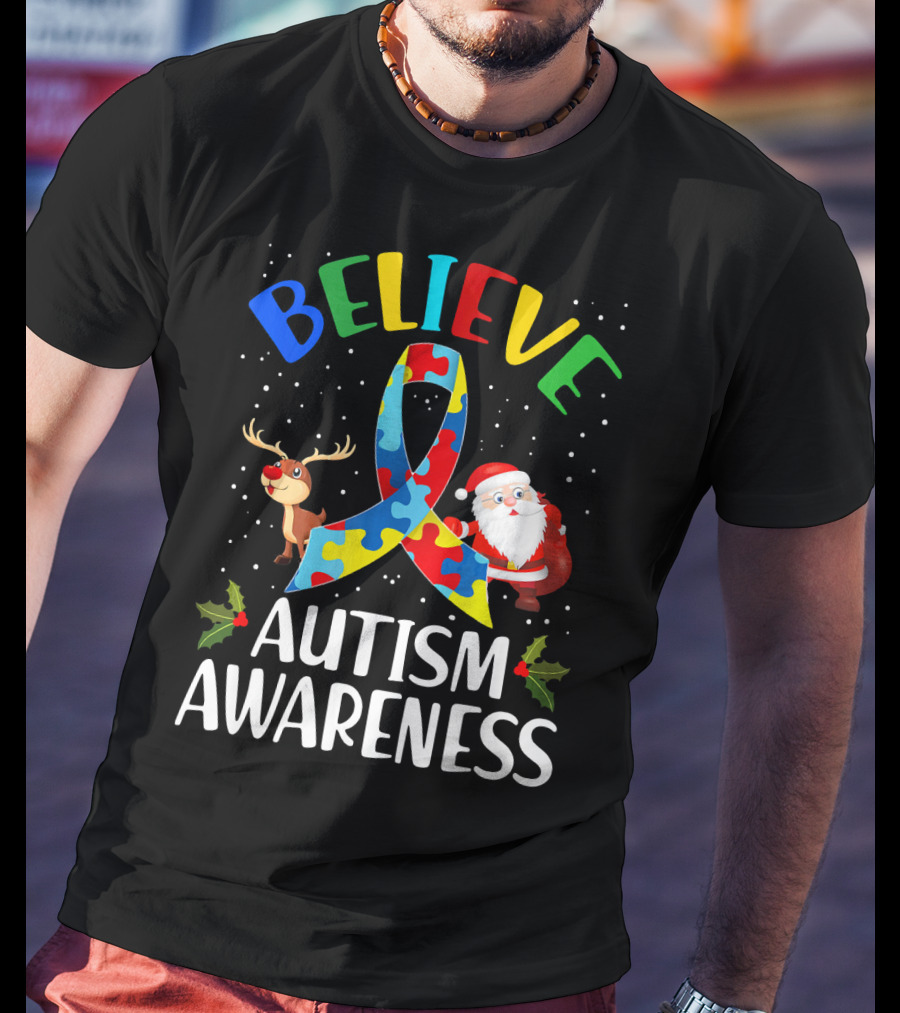 Believe Autism Awareness Santa Reindeer Puzzle Christmas T-Shirt