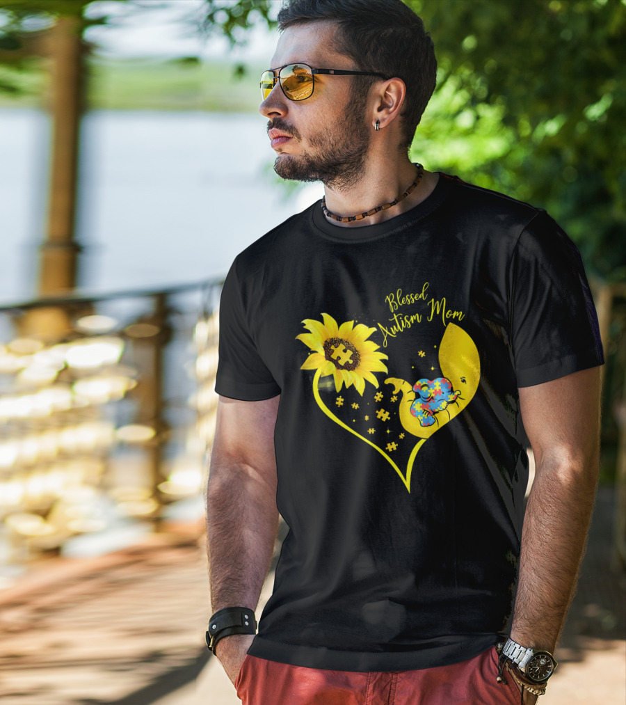 Blessed Autism Mom Sunflower Elephant Puzzle Heart T-Shirt