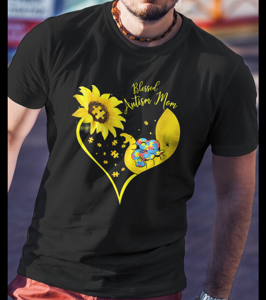 Blessed Autism Mom Sunflower Elephant Puzzle Heart T-Shirt