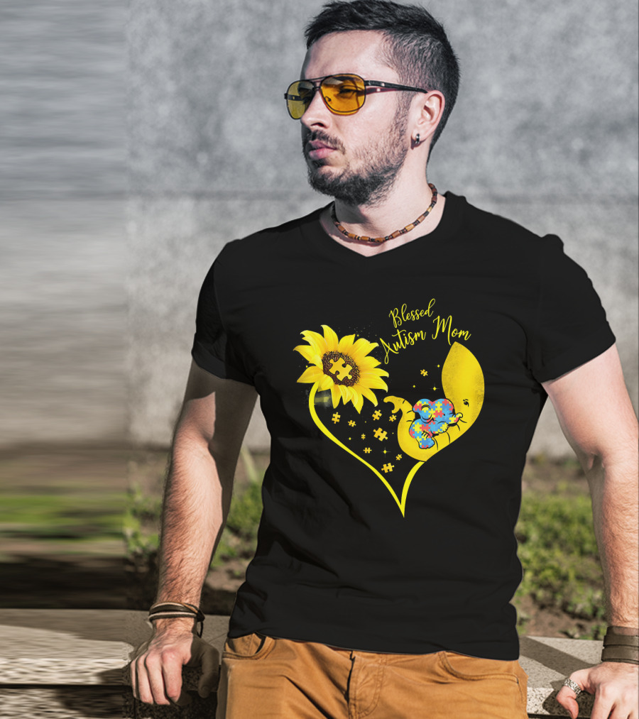 Blessed Autism Mom Sunflower Elephant Puzzle Heart T-Shirt