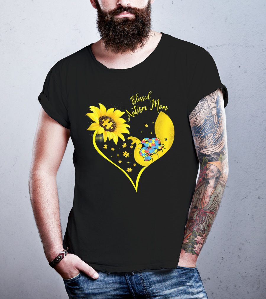 Blessed Autism Mom Sunflower Elephant Puzzle Heart T-Shirt