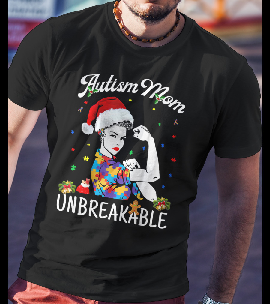 Autism Mom Unbreakable Santa Christmas Pride Puzzle Pieces T-Shirt