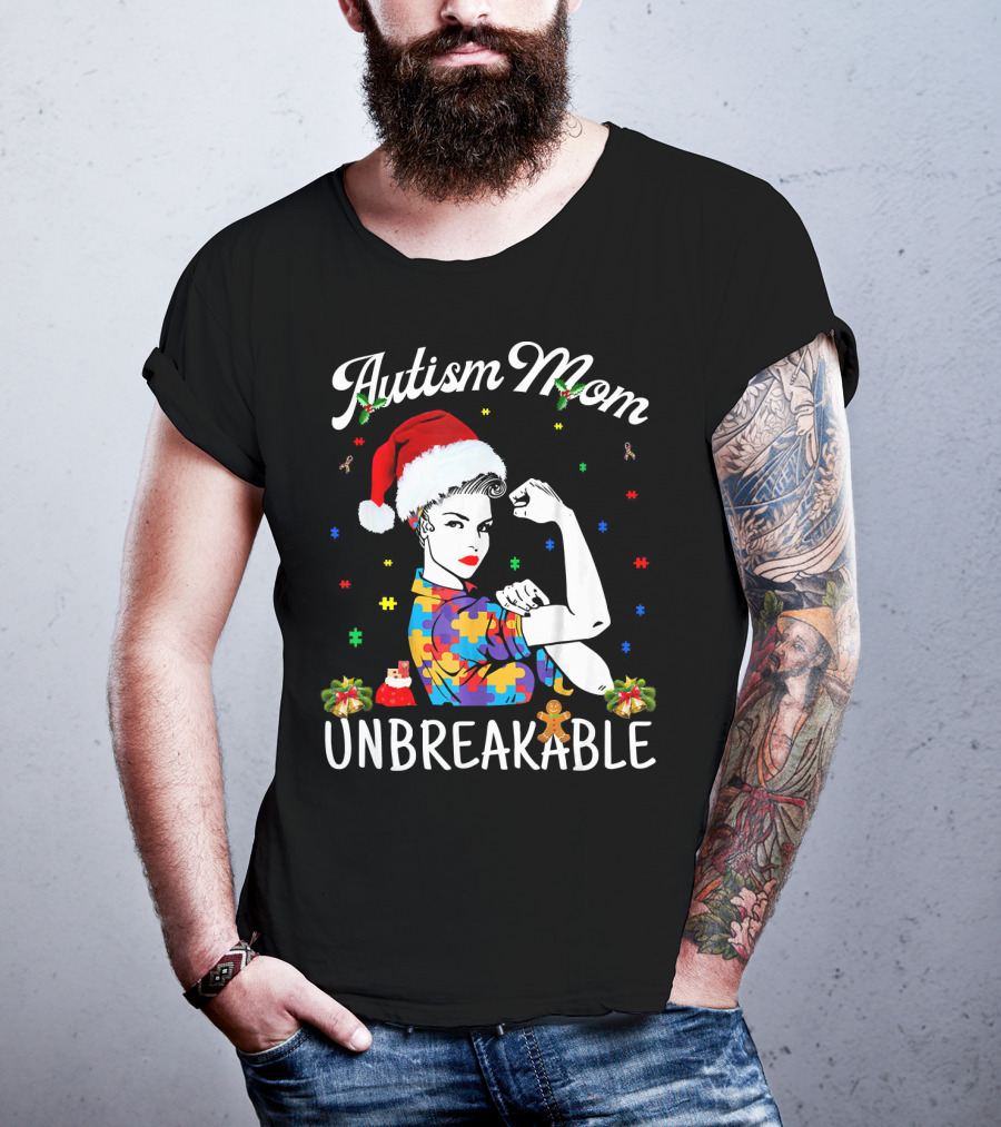 Autism Mom Unbreakable Santa Christmas Pride Puzzle Pieces T-Shirt