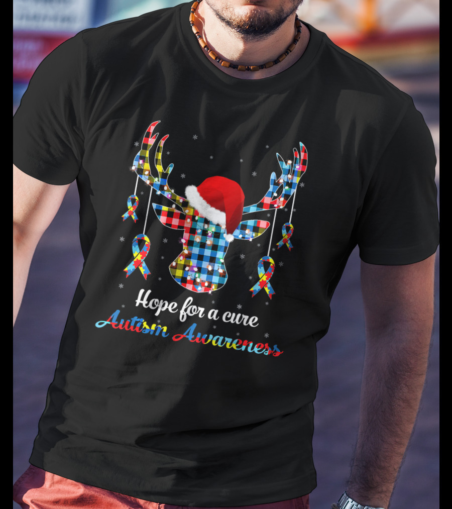 Hope For A Cure Autism Awareness Reindeer Plaid Santa Hat Ribbons T-Shirt