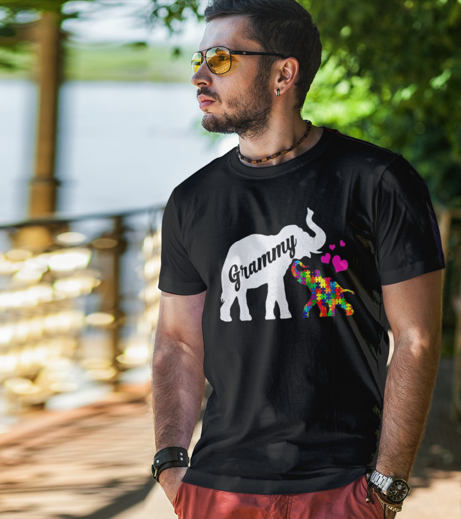 Grammy Elephant With Colorful Puzzle Piece Baby And Hearts For Autism Awareness T-Shirt