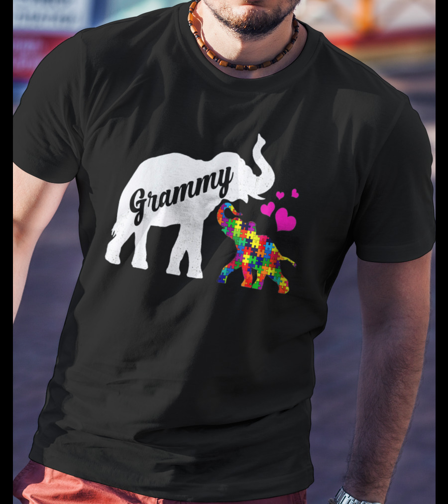 Grammy Elephant With Colorful Puzzle Piece Baby And Hearts For Autism Awareness T-Shirt