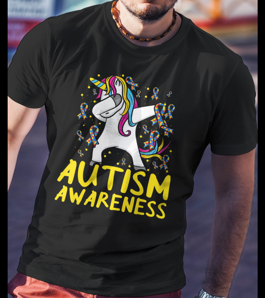 Dabbing Unicorn Puzzle Ribbon Autism Awareness T-Shirt