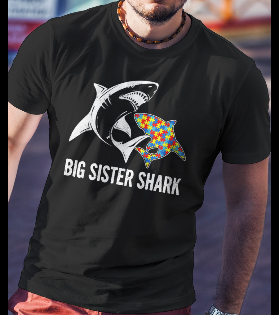 Big Sister Shark Autism Puzzle Piece Awareness T-Shirt