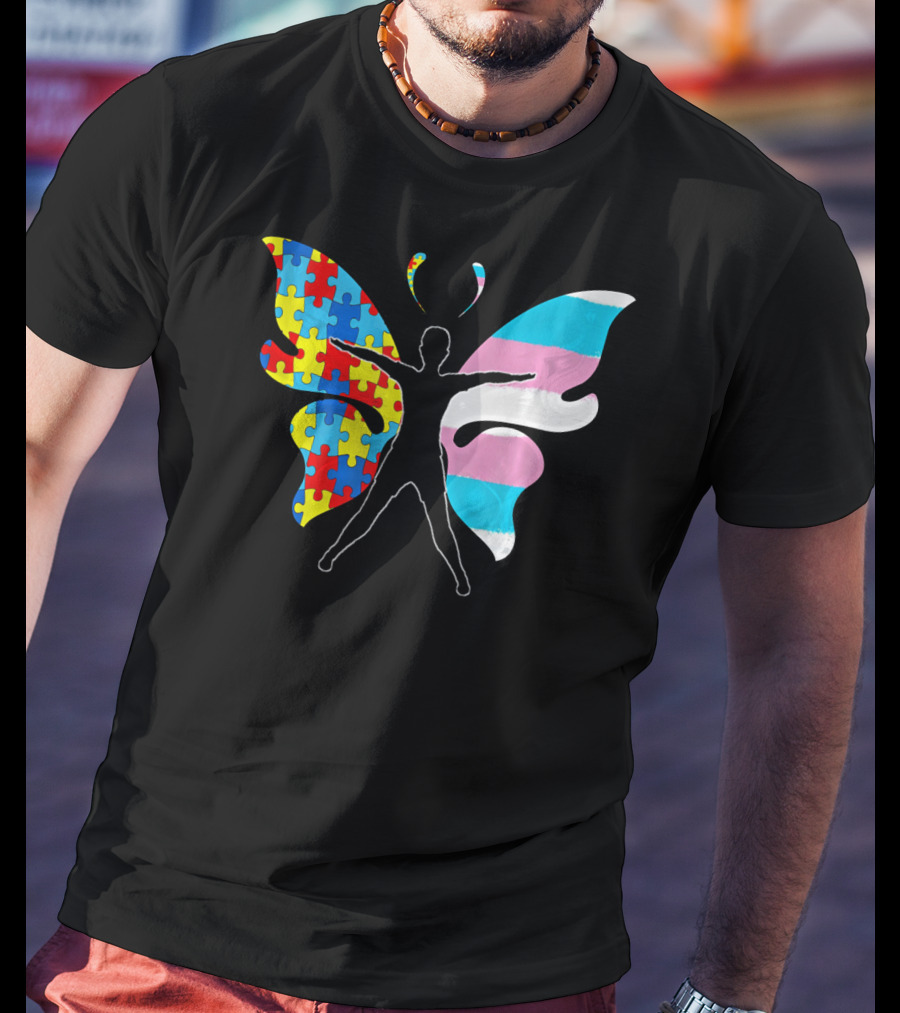 Autism Awareness Puzzle Butterfly With Transgender Flag Wings T-Shirt