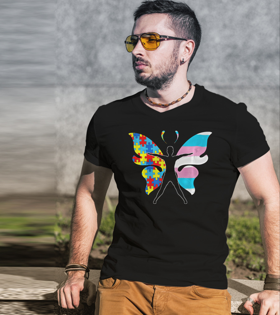Autism Awareness Puzzle Butterfly With Transgender Flag Wings T-Shirt