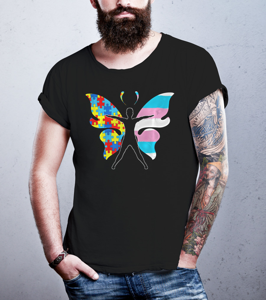 Autism Awareness Puzzle Butterfly With Transgender Flag Wings T-Shirt