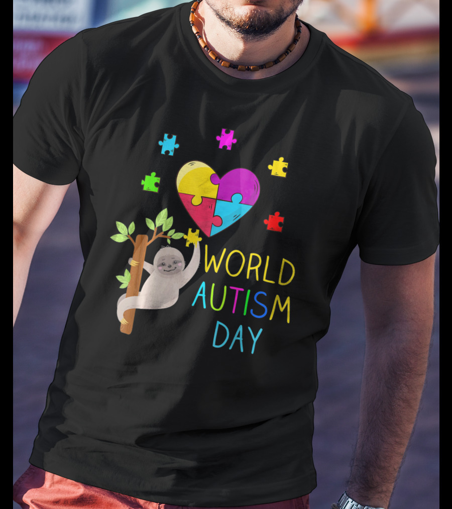 World Autism Day Sloth Heart Puzzle Pieces T-Shirt