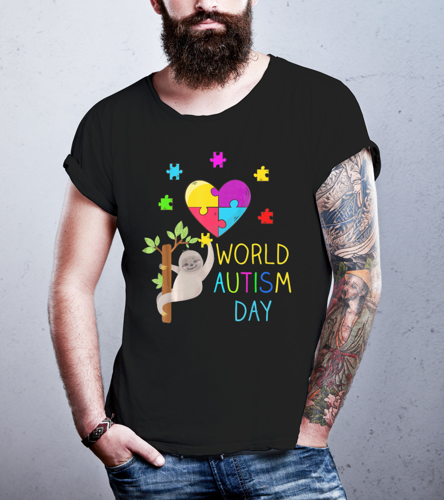 World Autism Day Sloth Heart Puzzle Pieces T-Shirt