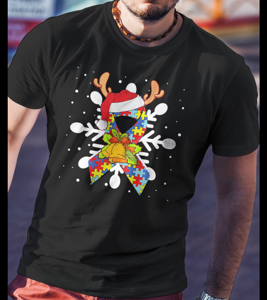 Snowflake Puzzle Ribbon With Santa Hat And Autism Awareness T-Shirt