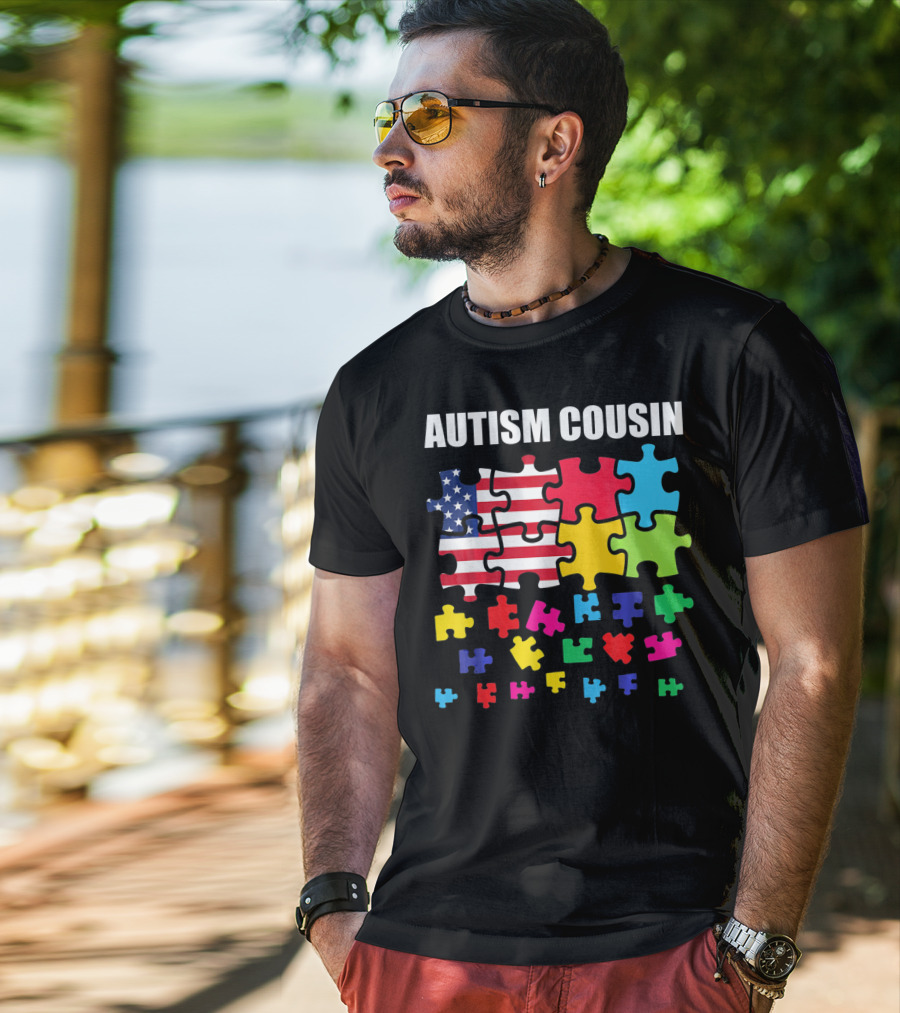 Autism Cousin Puzzle Pieces USA Flag Autism Awareness T-Shirt