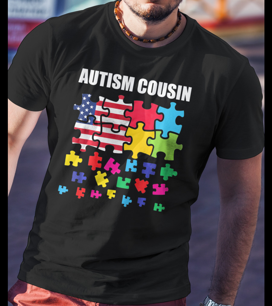 Autism Cousin Puzzle Pieces USA Flag Autism Awareness T-Shirt