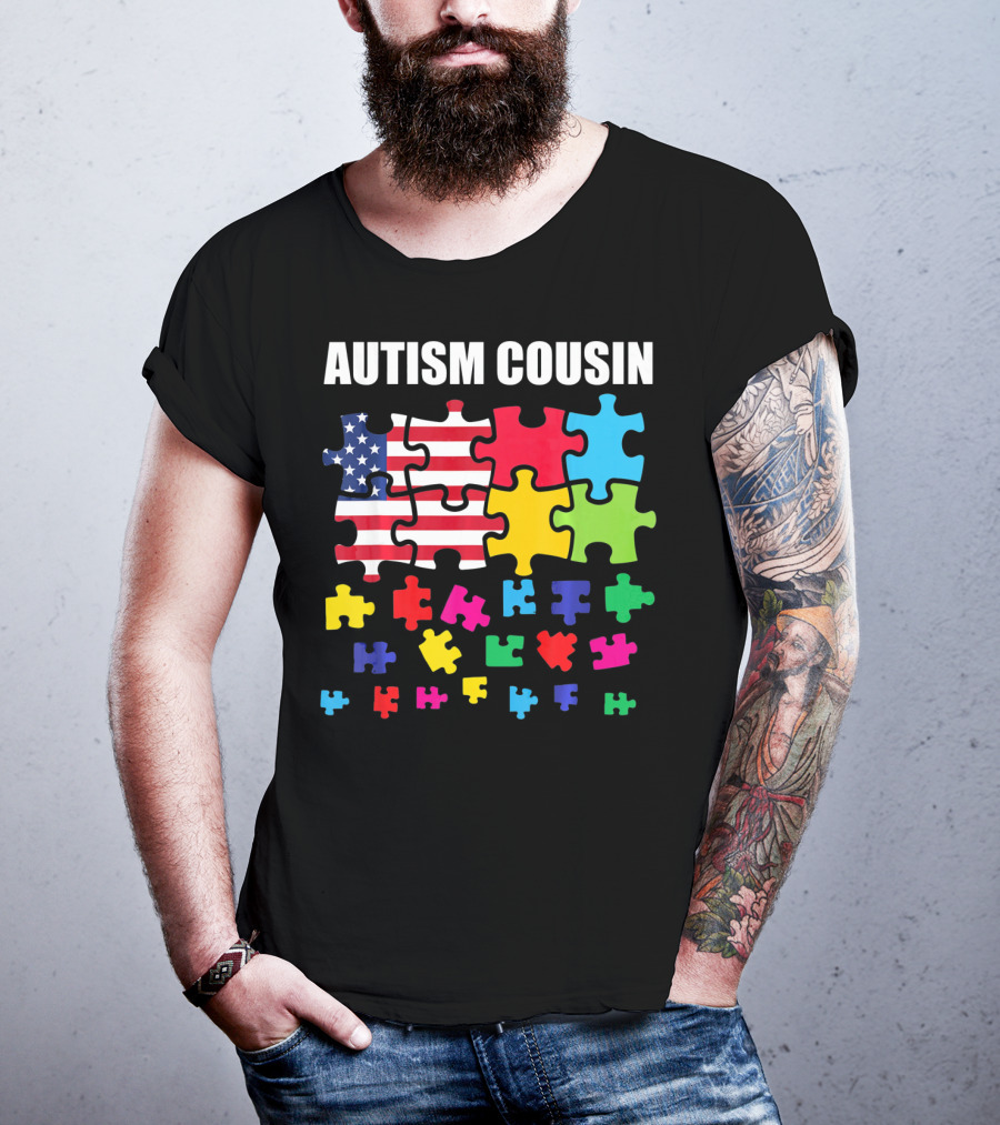 Autism Cousin Puzzle Pieces USA Flag Autism Awareness T-Shirt