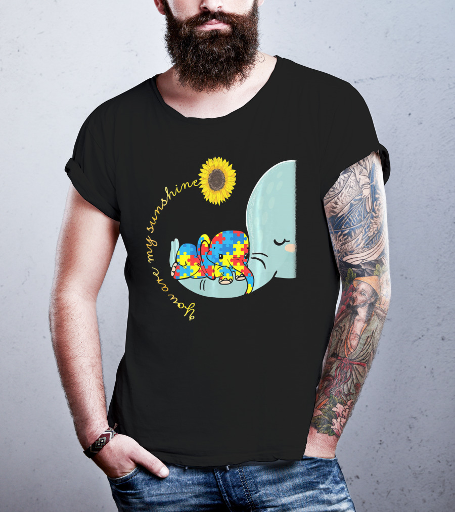 You Are My Sunshine Autism Awareness Elephant Puzzle Sunflower T-Shirt