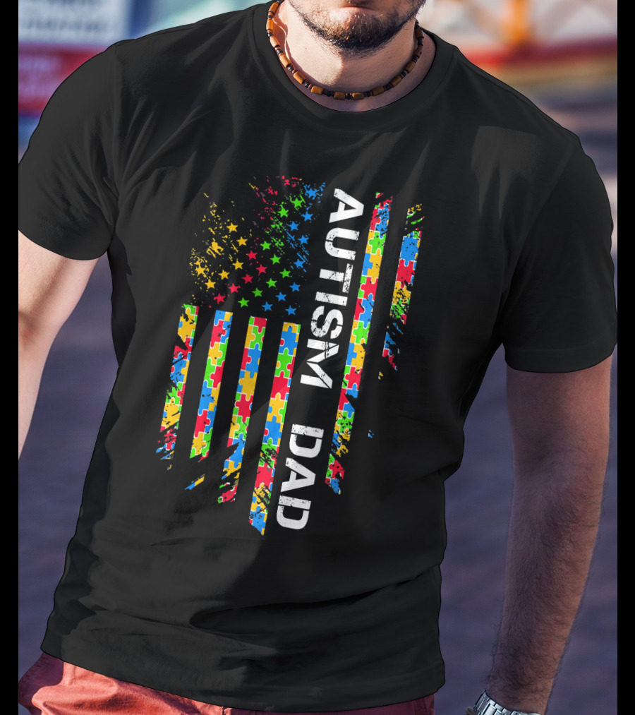 Autism Dad Puzzle Piece Flag USA Awareness T-Shirt