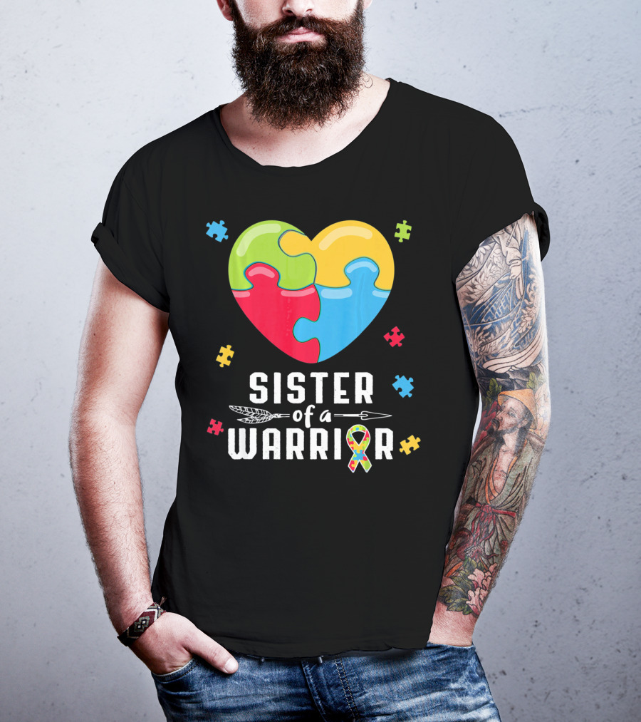 Sister Of A Warrior Autism Awareness Puzzle Heart T-Shirt