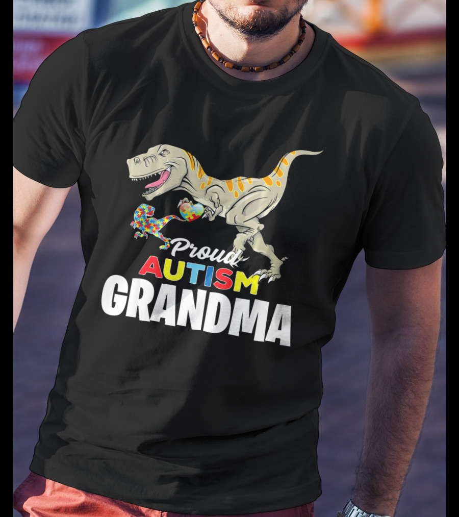 Proud Autism Grandma Dinosaur Puzzle Pattern Rex T-Shirt