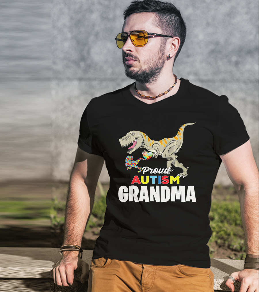 Proud Autism Grandma Dinosaur Puzzle Pattern Rex T-Shirt