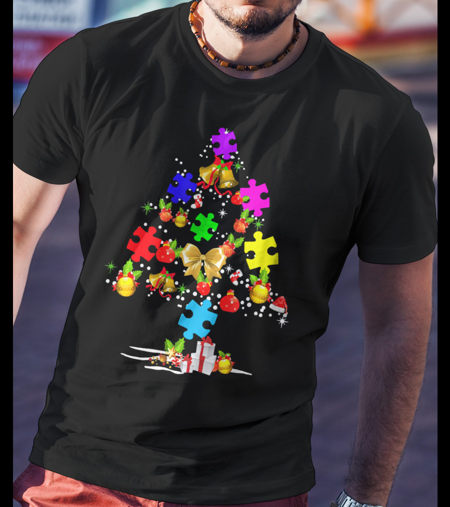 Autism Awareness Christmas Tree Puzzle Piece Ornament Festive Holiday T-Shirt