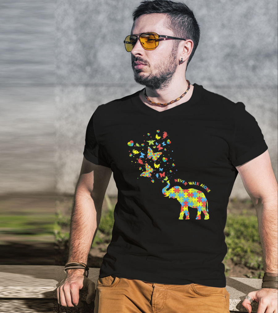 Elephants And Butterflies Autism Awareness Never Walk Alone T-Shirt