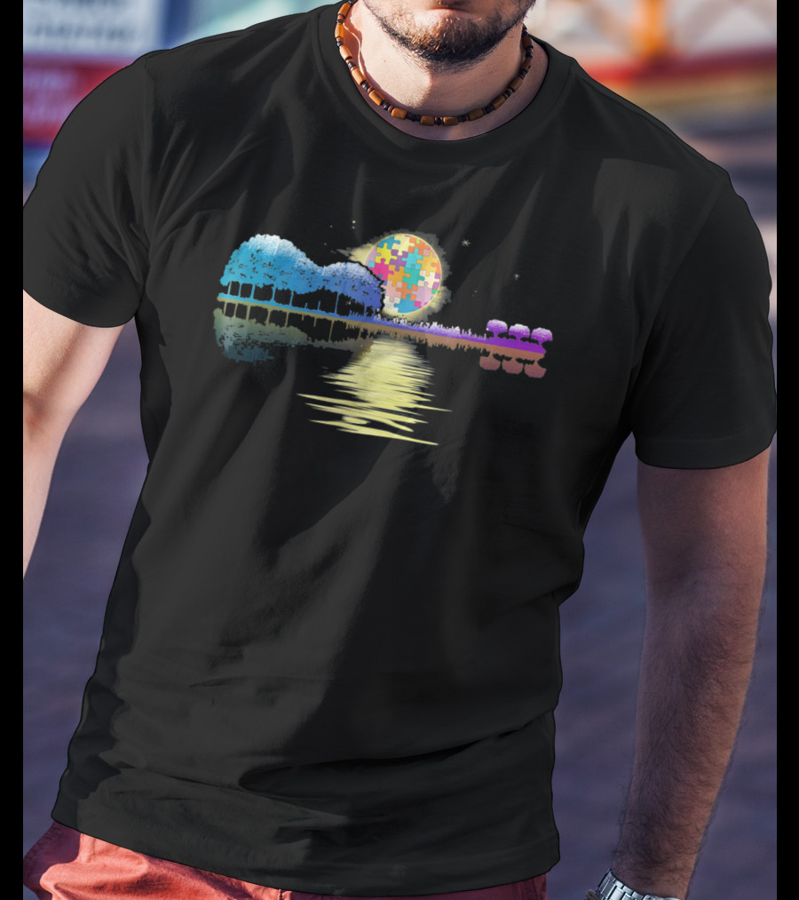 Guitar Lake Shadow Autism Puzzle Moon Reflection T-Shirt
