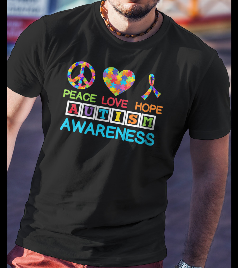 Autism Awareness Peace Love Hope Puzzle Ribbon Puzzle T-Shirt