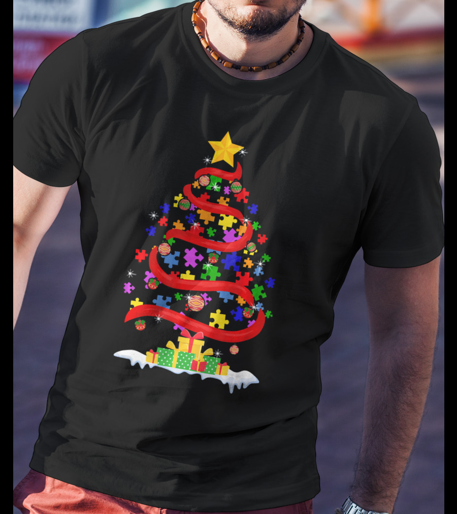 Xmas Puzzle Autism Christmas Tree With Star And Gifts T-Shirt