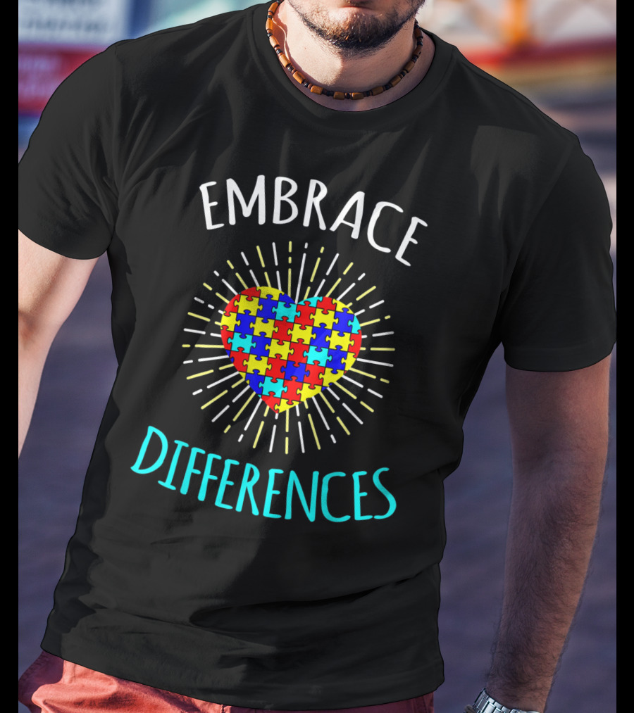 Embrace Differences Autism Awareness Puzzle Heart Rib T-Shirt