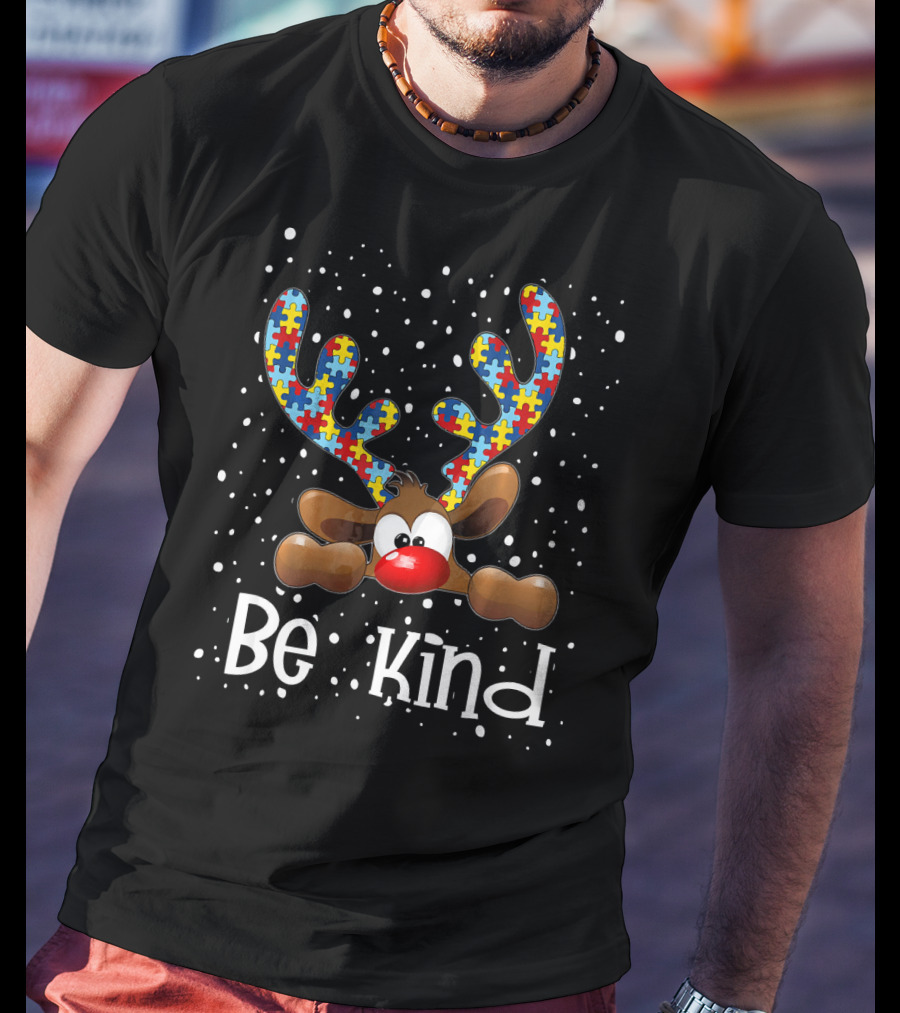Be Kind Autism Awareness Reindeer With Puzzle Piece Antlers T-Shirt